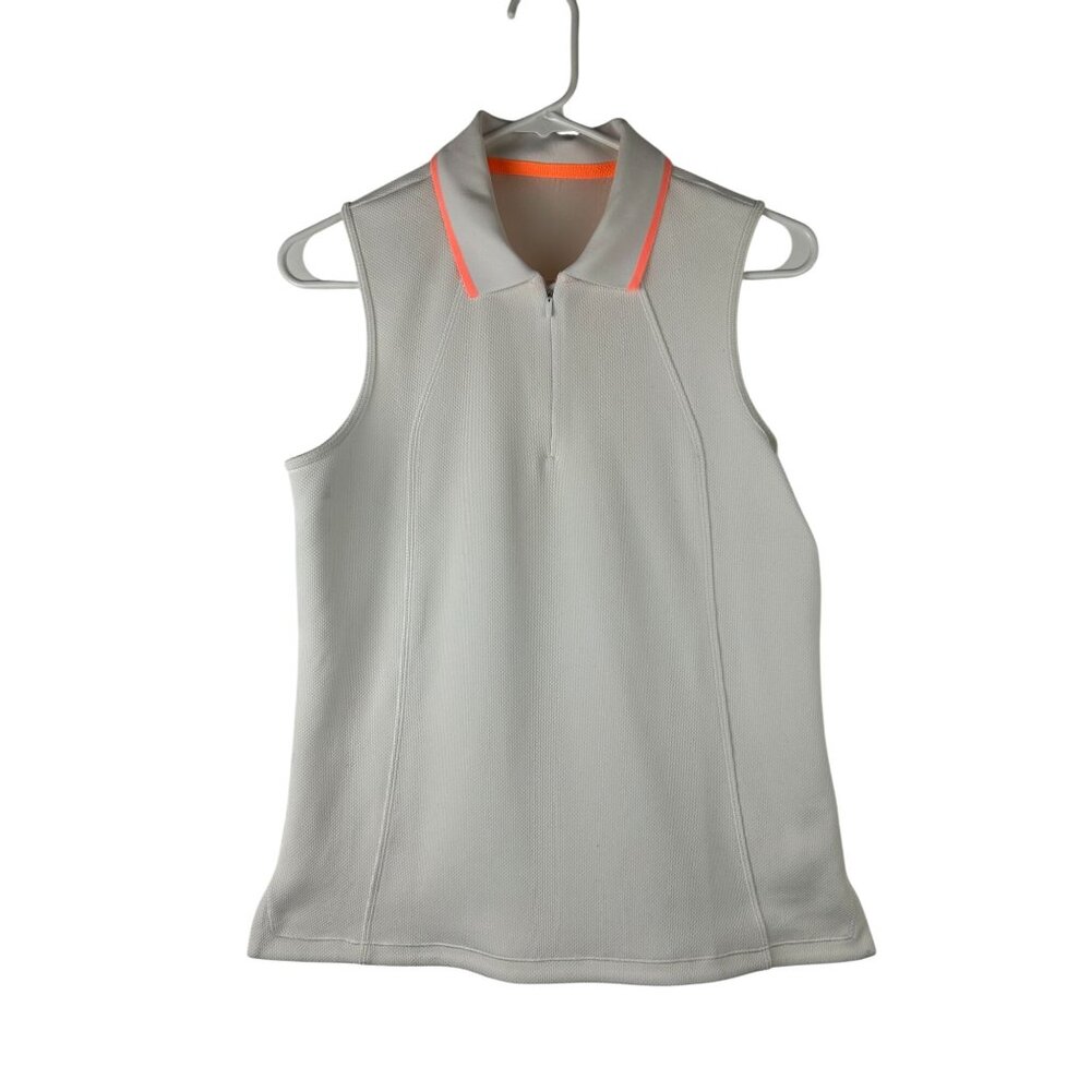 Athleta Womens Sleeveless White Performance Polo Top With Neon Trim Medium